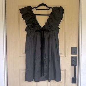 o.p.t Black Ruffled V-Neck Babydoll Dress with Velvet Bow